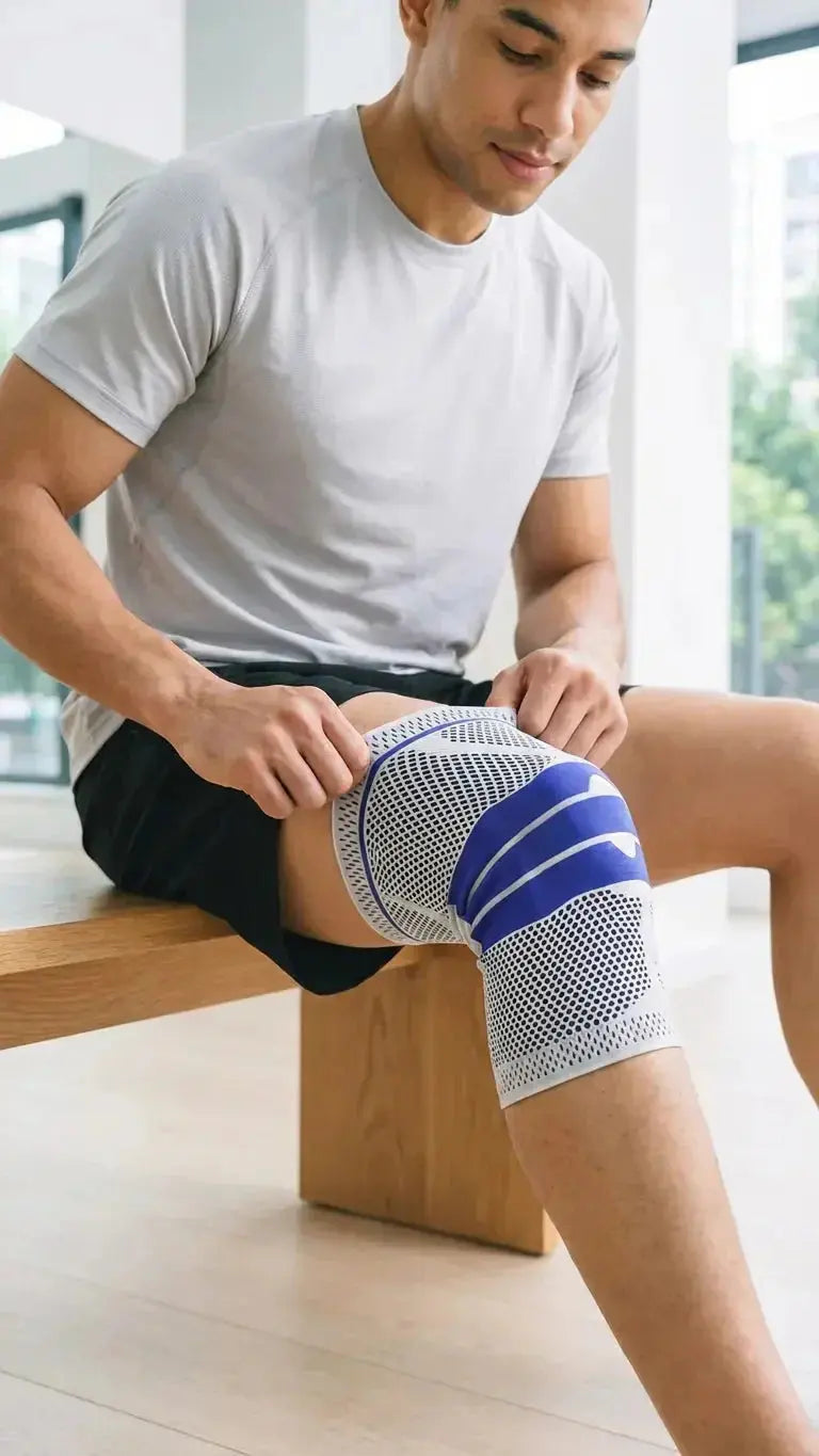 Man sitting on a bench wearing a knee brace with a blue and white design.